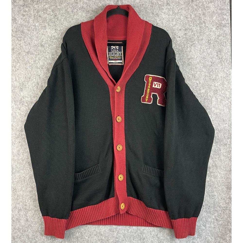 USA Rugby Cardigan Sweater Mens 3XL Shawl Collar Varsity Letterman Patch Heavy